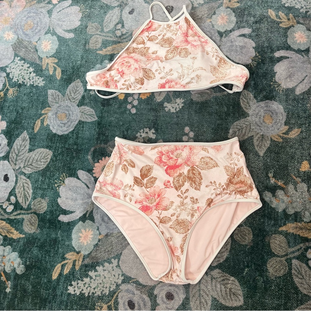 Aerie Floral High Waisted Bikini Top And Bottom Pink and Brown Small Two Piece
